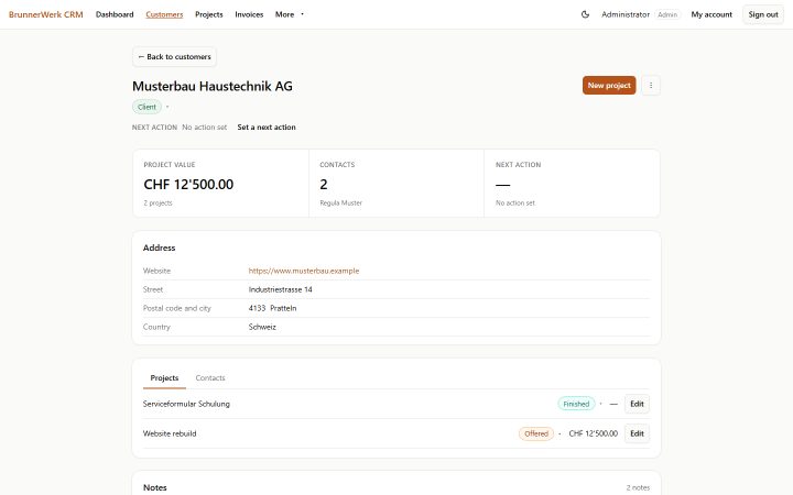 Bildschirmfoto des BrunnerWerk CRM: die Detailansicht eines Kunden mit Kontaktdaten und Projekten.